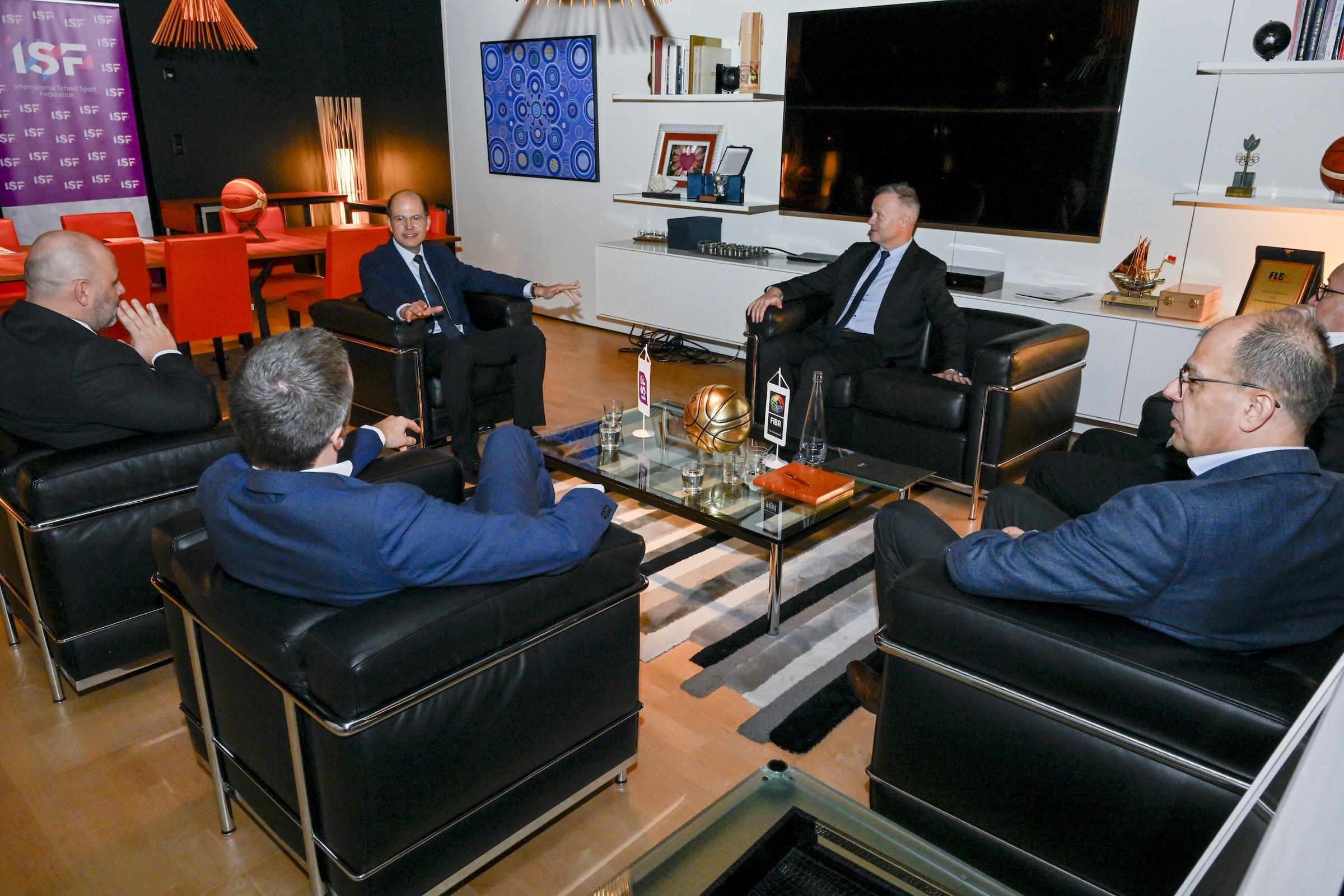 ISF President Laurent Petrynka and FIBA Secretary General Andreas Zagklis discuss the future of cooperation between the two represented organizations before signing a MOU