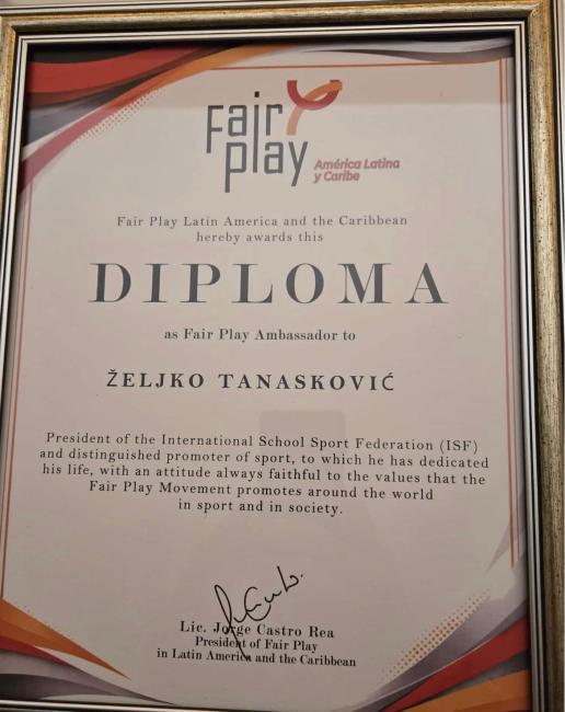 ISF President diploma of Ambassador of Fair Play in the Americas